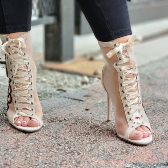 Women Ankle Open Toe High Heel Booties Lace Up Nude Color - Picture 5 of 7